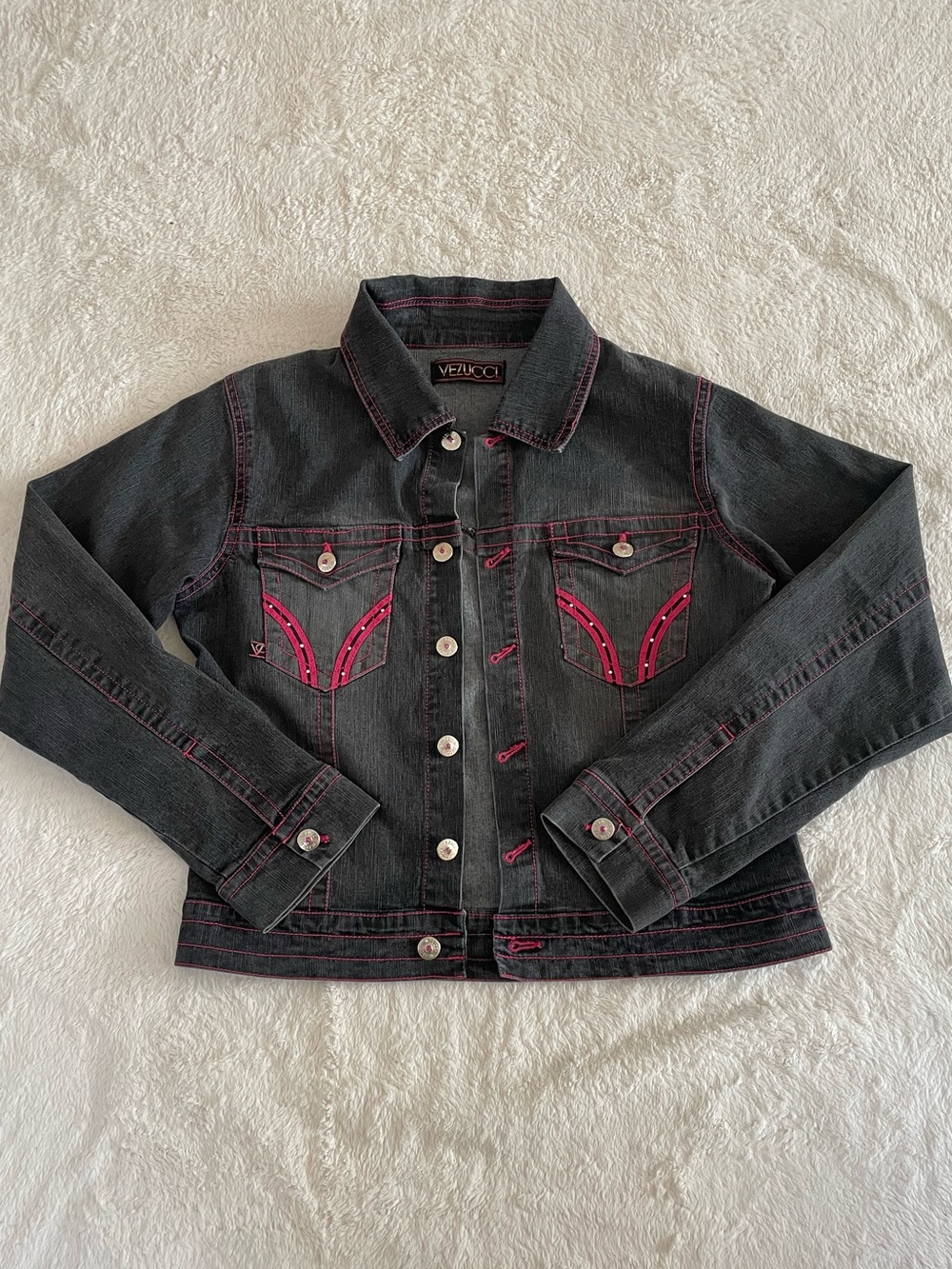 VTG Vezucci Pink Stitch Denim Jacket Size S Y2K Biker Western